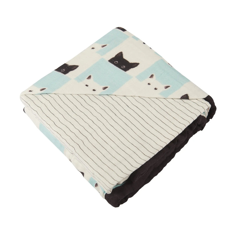 Peek-A-Boo Cats and Pencil Stripe Bamboo Muslin Blanket, cozy four-layer design.