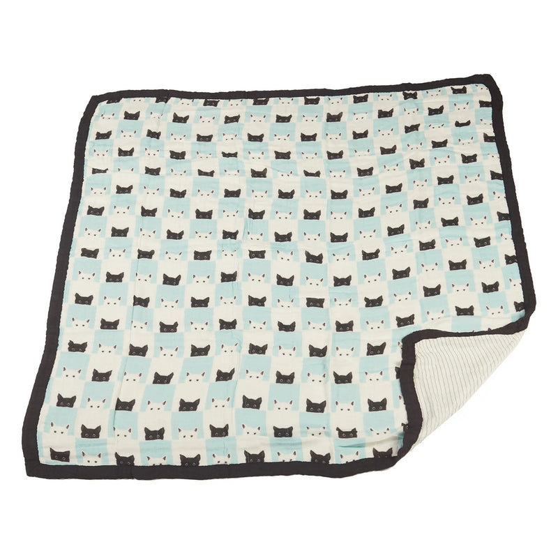 Peek-A-Boo Cats bamboo muslin blanket with four cozy layers and pencil stripe design.