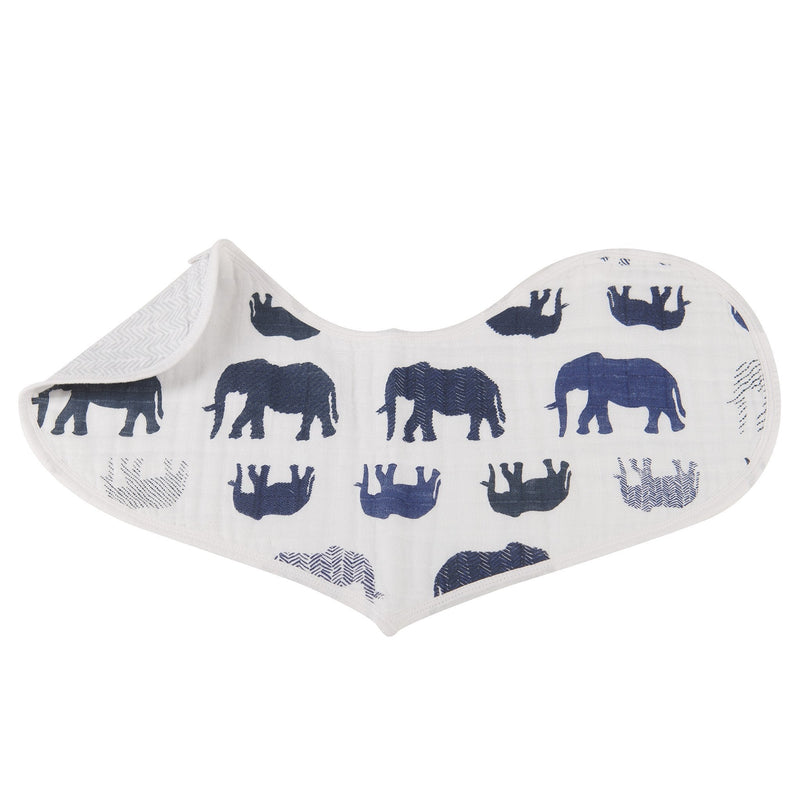 In The Wild Elephant cotton burp cloth bib with elephant print design.