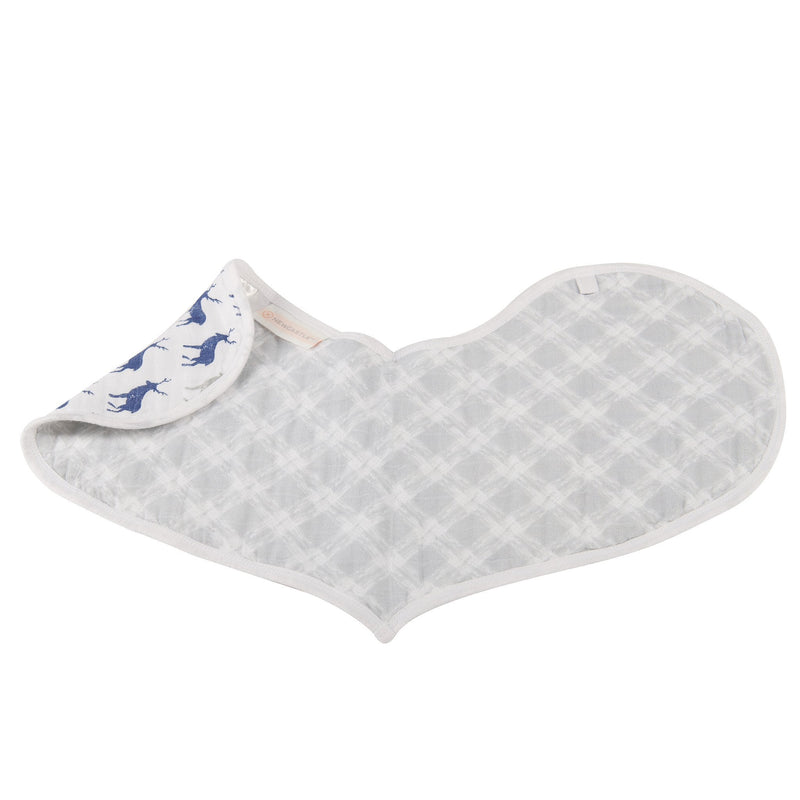 In The Wild Elephant cotton burp cloth bib with snaps and absorbent fabric.