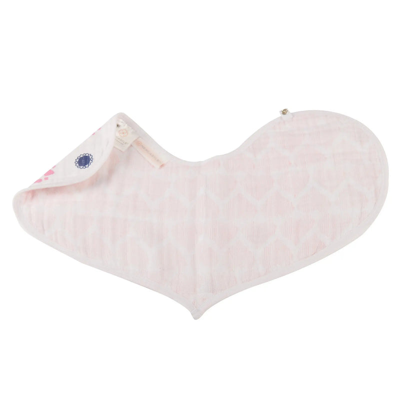 Pop of Pink cotton heart-shaped bib with multiple snaps and absorbent muslin fabric.