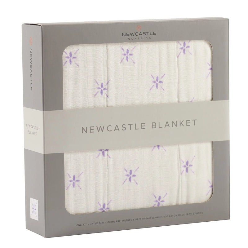 Lavender flower and white bamboo muslin Newcastle blanket in packaging, 100% natural bamboo, 47" x 47".