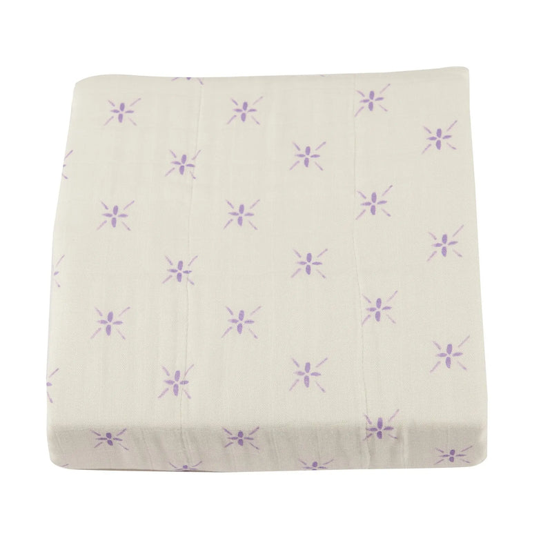 Lavender flower and white bamboo muslin Newcastle blanket.