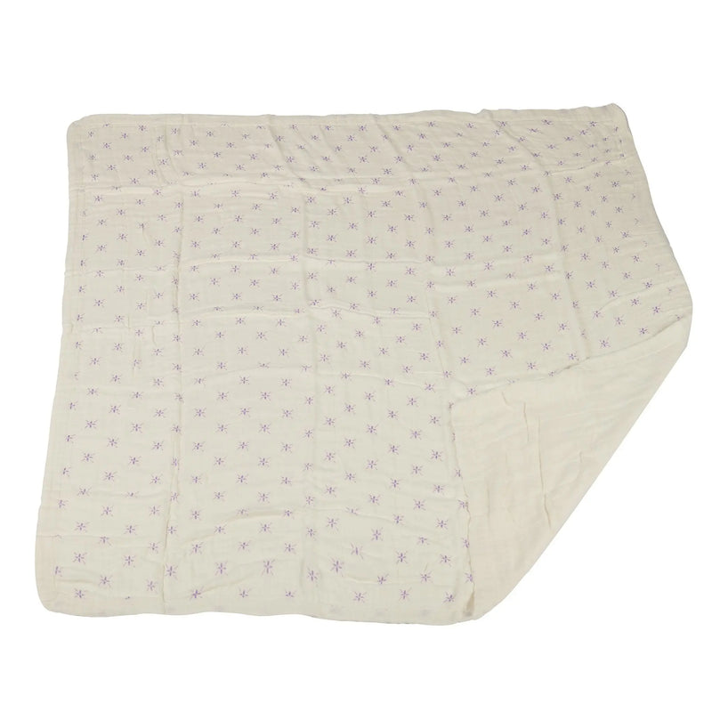 Lavender flower and white bamboo muslin blanket, 100% natural, cozy and breathable, 47x47 inches.