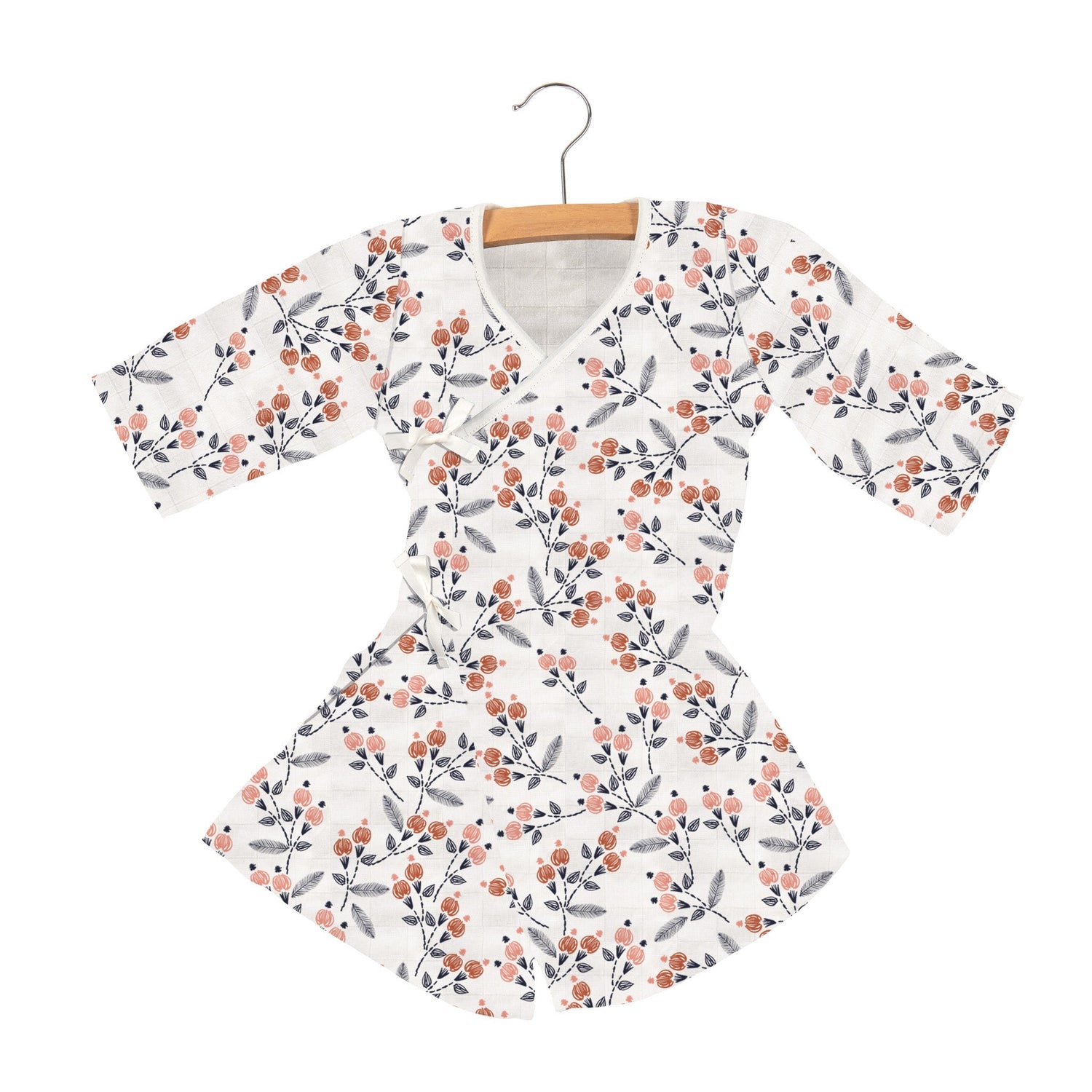 Child's mini robe in dahlia floral print with wrap ties and front closure