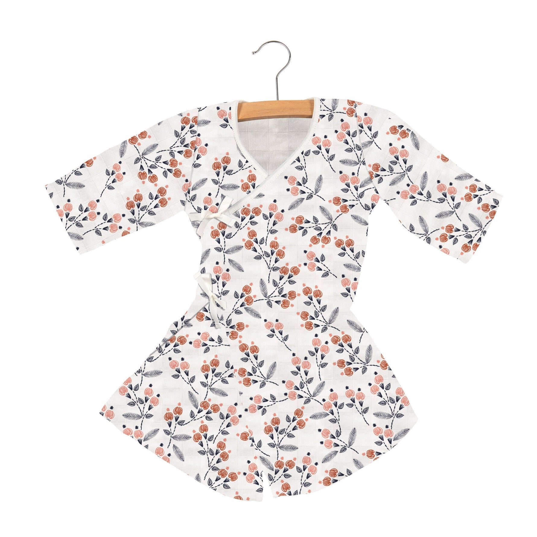 Child's mini robe in dahlia floral print with wrap ties and front closure