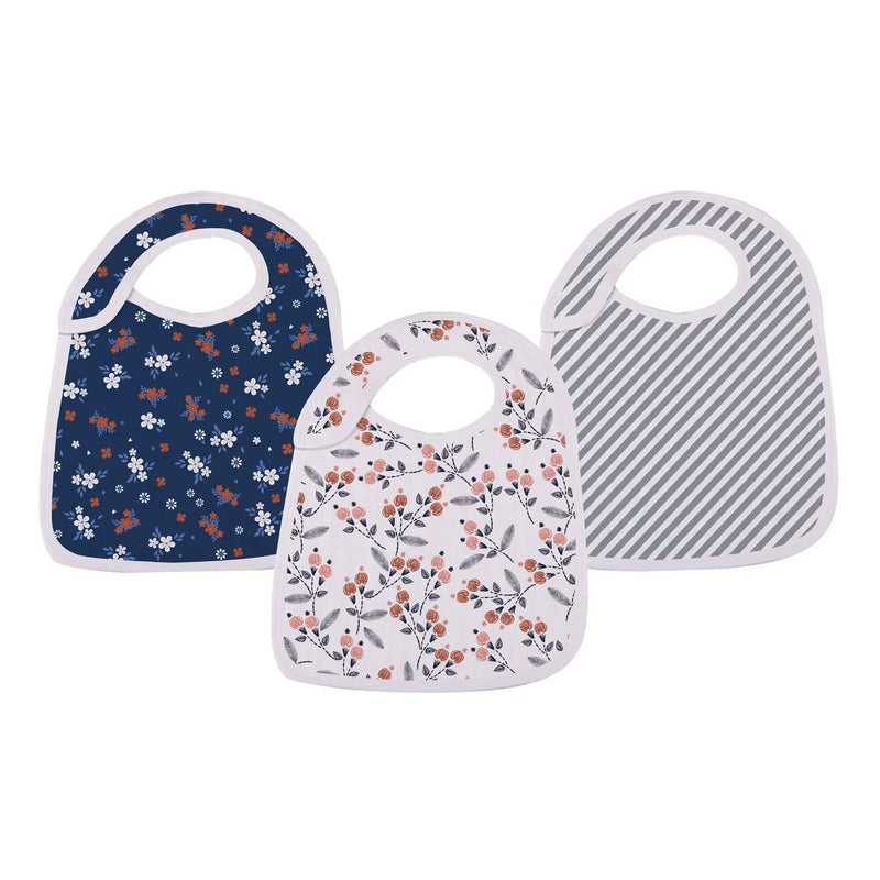 Set of three Blooms Floral Snap Bibs made from natural bamboo muslin, featuring floral and striped patterns.