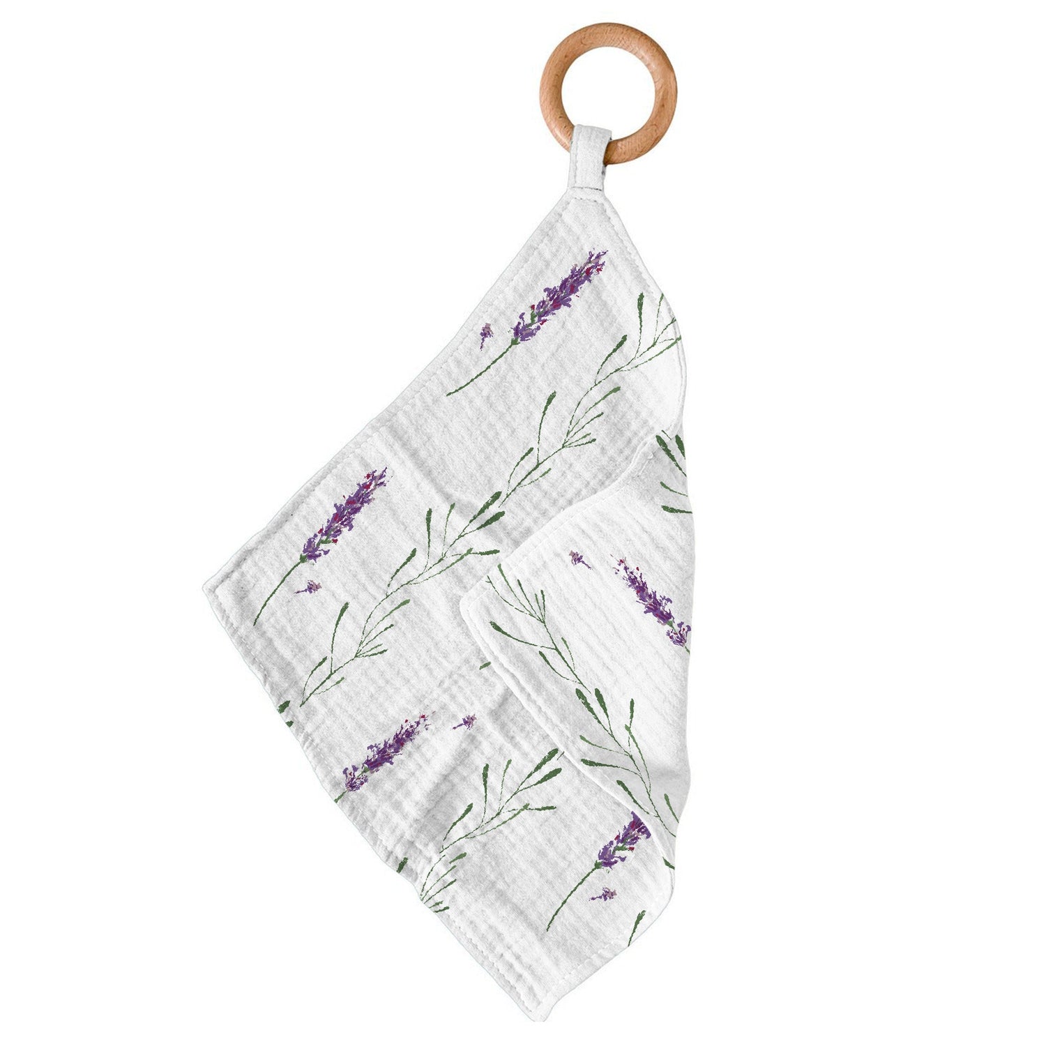 Bamboo blankie teether with lavender stems pattern and a round wooden teething ring attached at one corner.