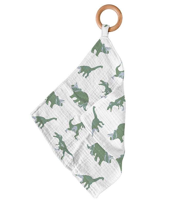 Baby teether with granite-green dinosaur print cotton mini blankie and a round wooden teething ring