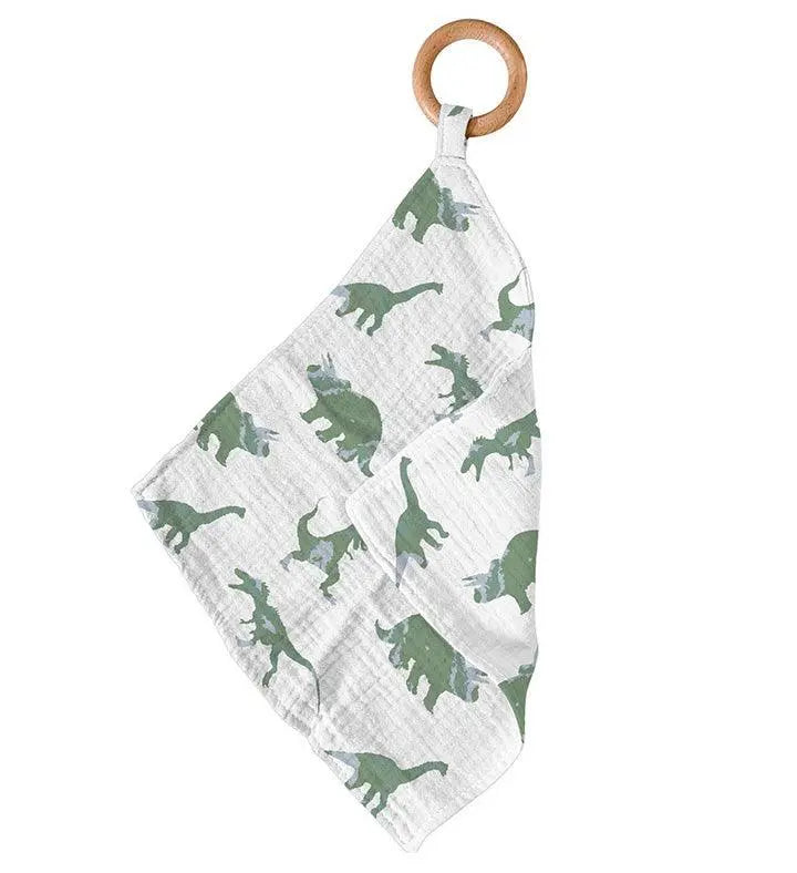Granite green dinosaurs cotton teether with wooden ring.
