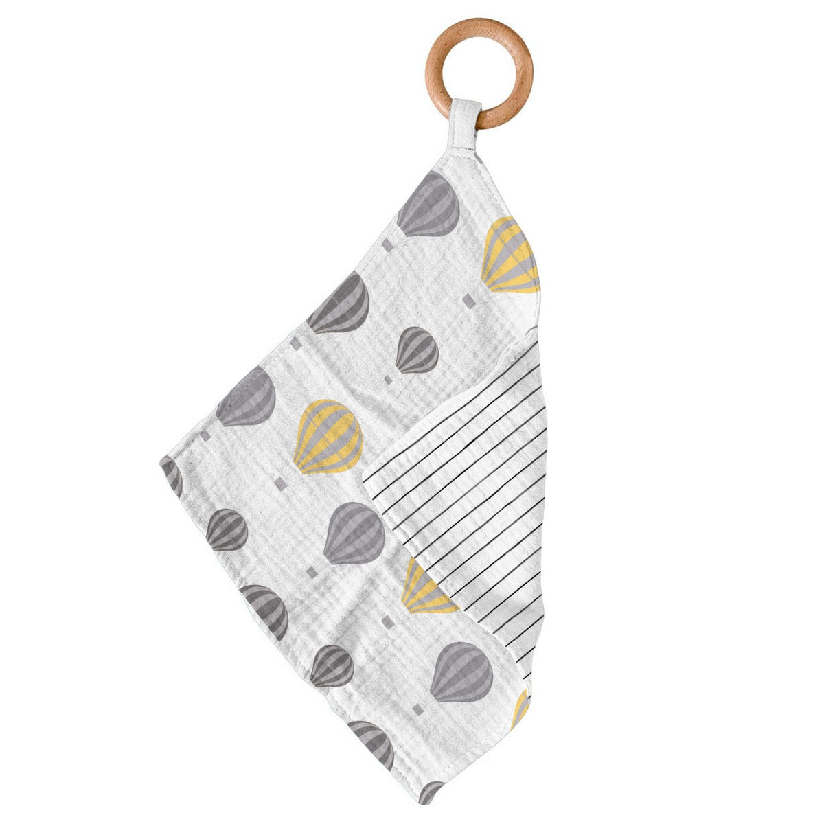 Bamboo blankie teether with hot air balloon and pencil stripe print and a wooden ring in one corner