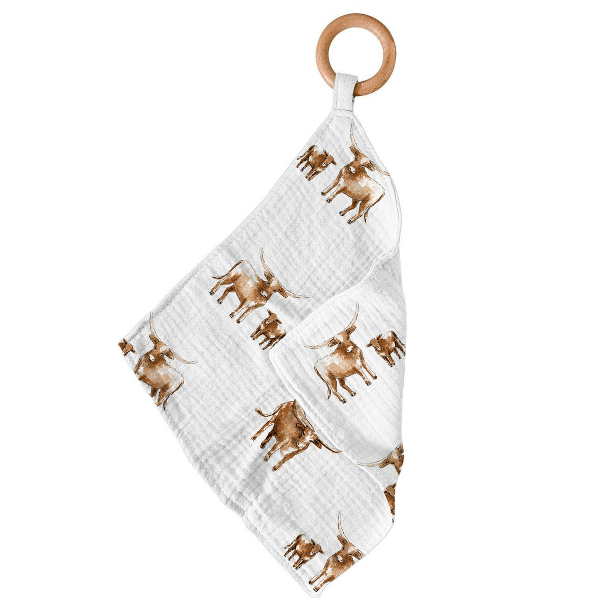 Bamboo mini blankie with a longhorn pattern attached to a round wooden teething ring