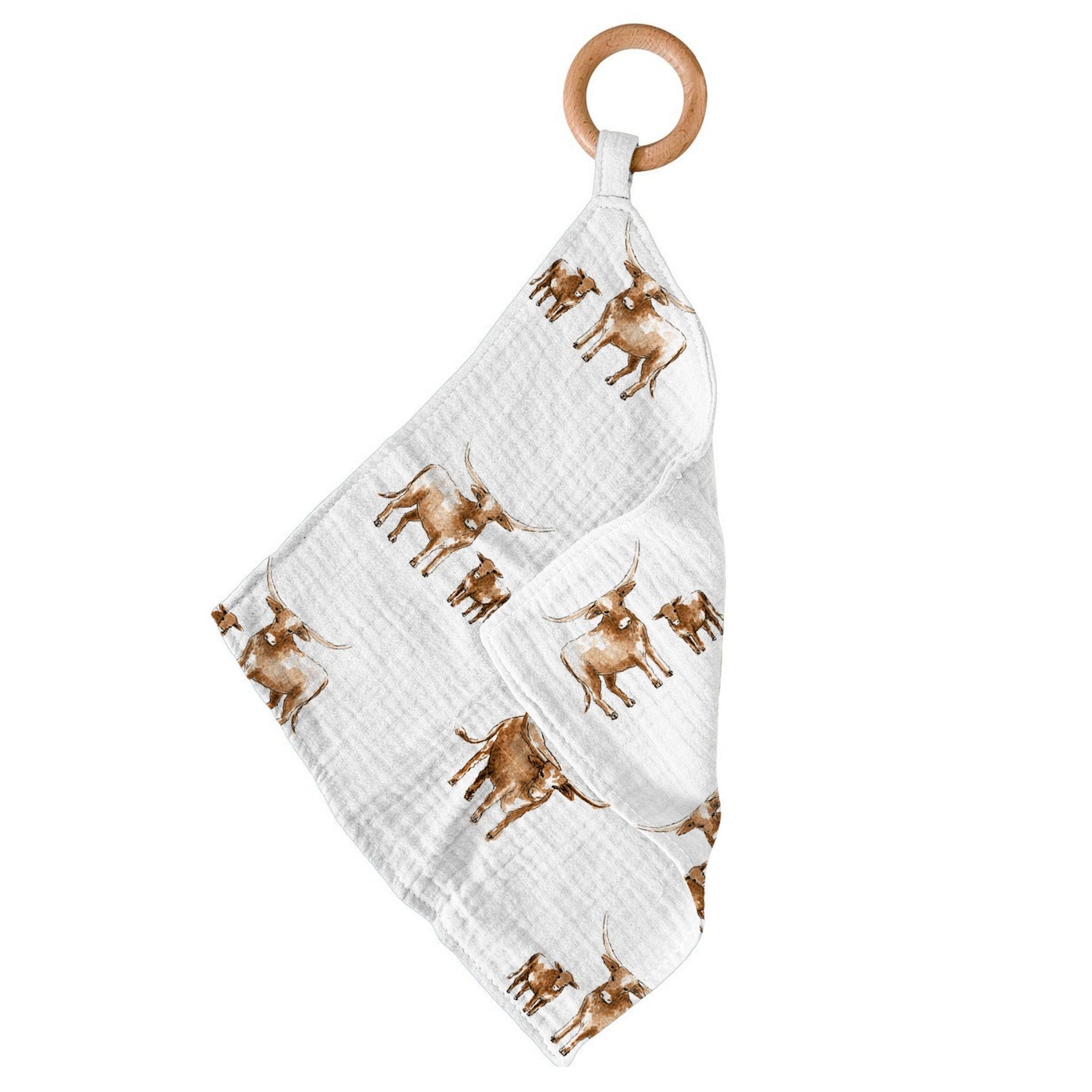 Bamboo mini blankie with a longhorn pattern attached to a round wooden teething ring