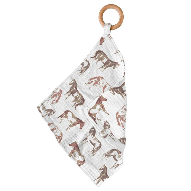 Wild Horses Bamboo Blankie Teether with beach wood ring.