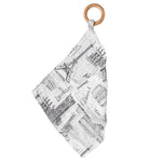 Baby teether with London, Paris, New York print on a small bamboo blankie attached to a wooden ring