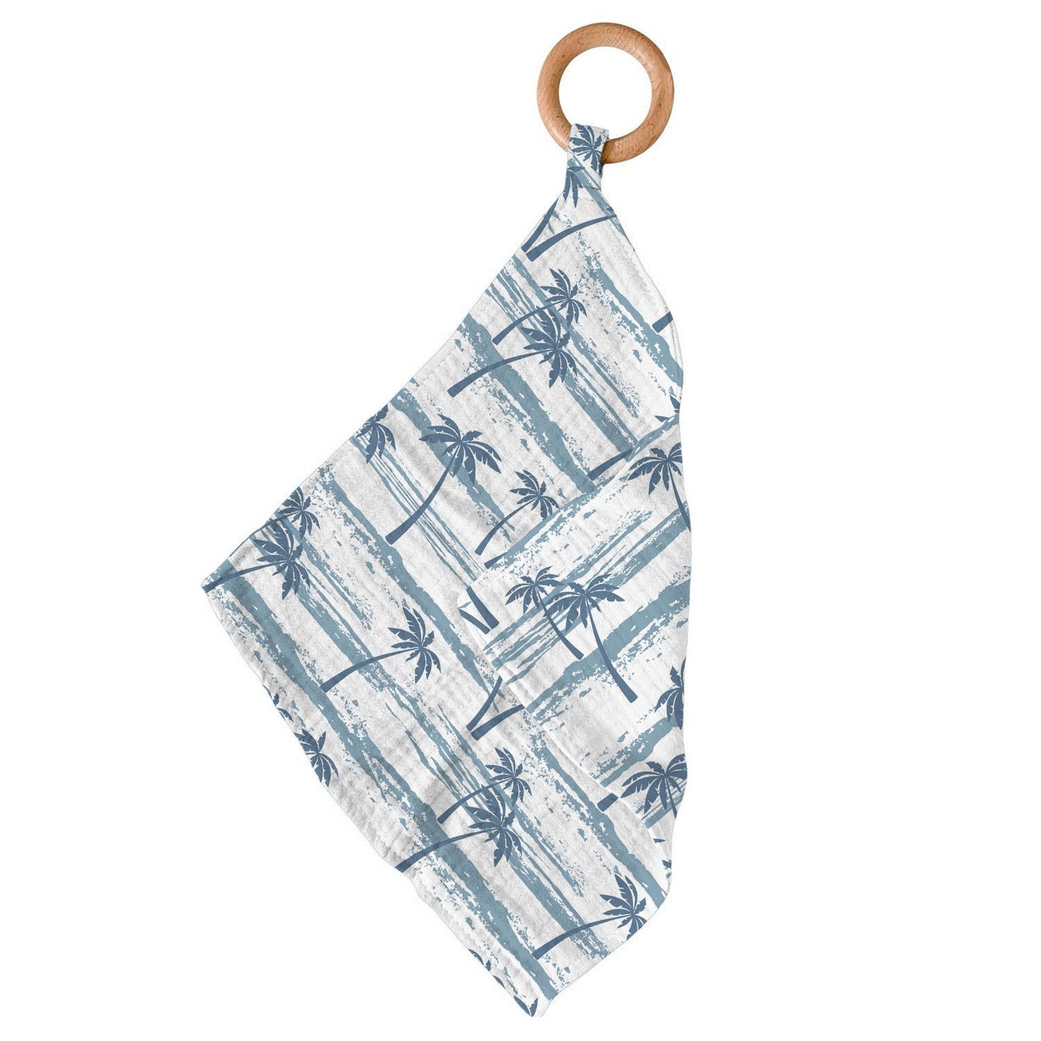 Bamboo blankie teether with ocean palm tree print and a wooden ring attached at one corner
