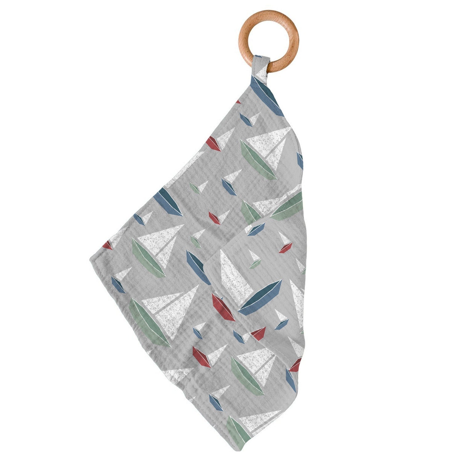 Bamboo teether with a sailboat-patterned mini blankie and a round wooden teething ring