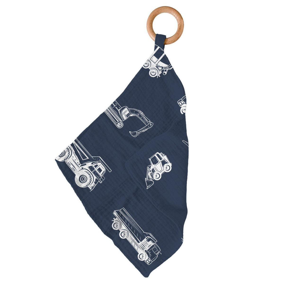 Baby teether with a things-that-go print cotton mini blankie and a round wooden teething ring