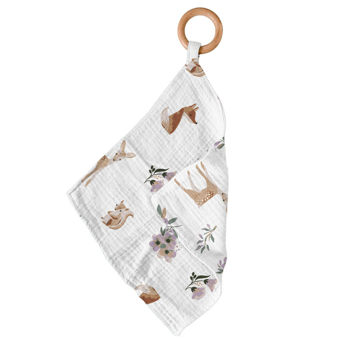 Cotton teether blankie with a fox and deer print and a removable wooden ring.