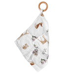 Cotton teether blankie with a fox and deer print and a removable wooden ring.