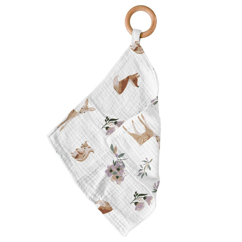 Sierra Fox and Deer Newcastle Teether with cotton blankie and wooden ring.