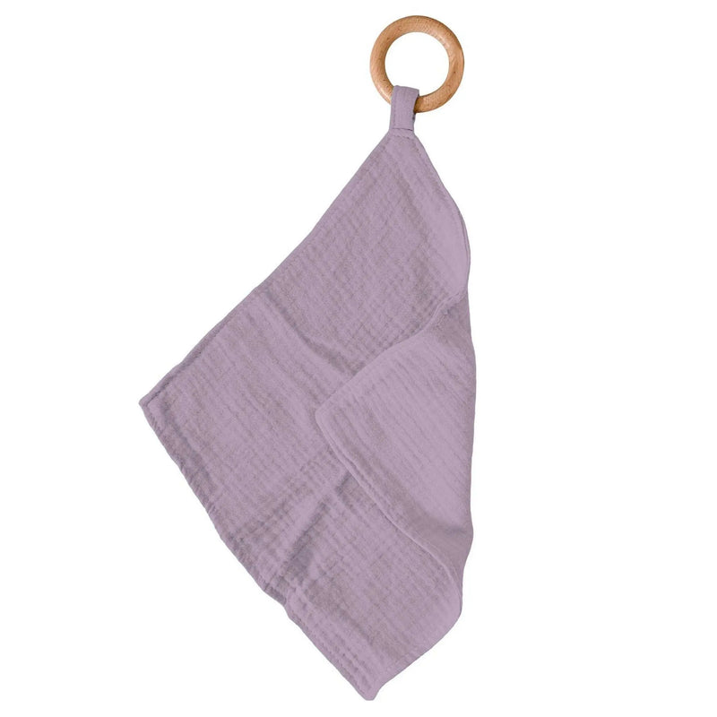 Orchid Lavender Newcastle Teether with wood ring and cotton blankie.
