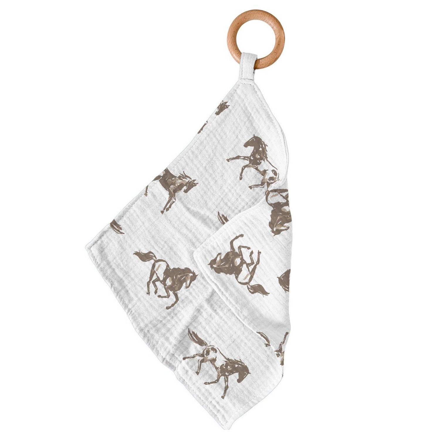 Bamboo blankie teether with galloping horses print and a wooden teething ring attached at one corner