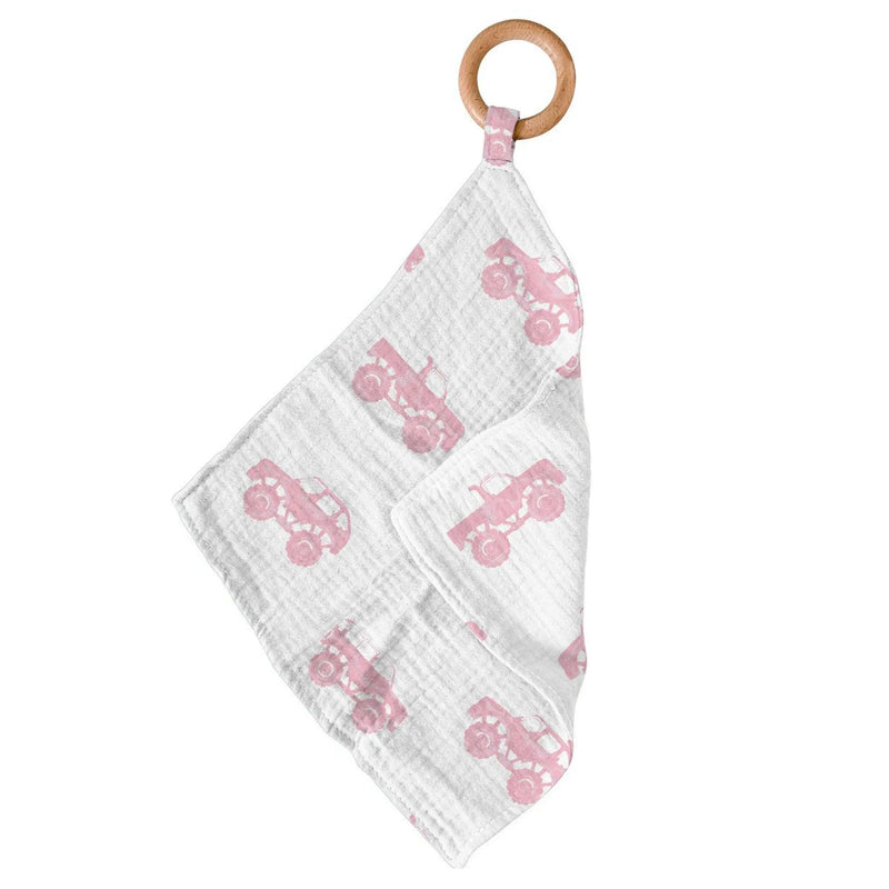 Pink Monster Trucks Bamboo Newcastle Teether with wood ring and mini blankie.
