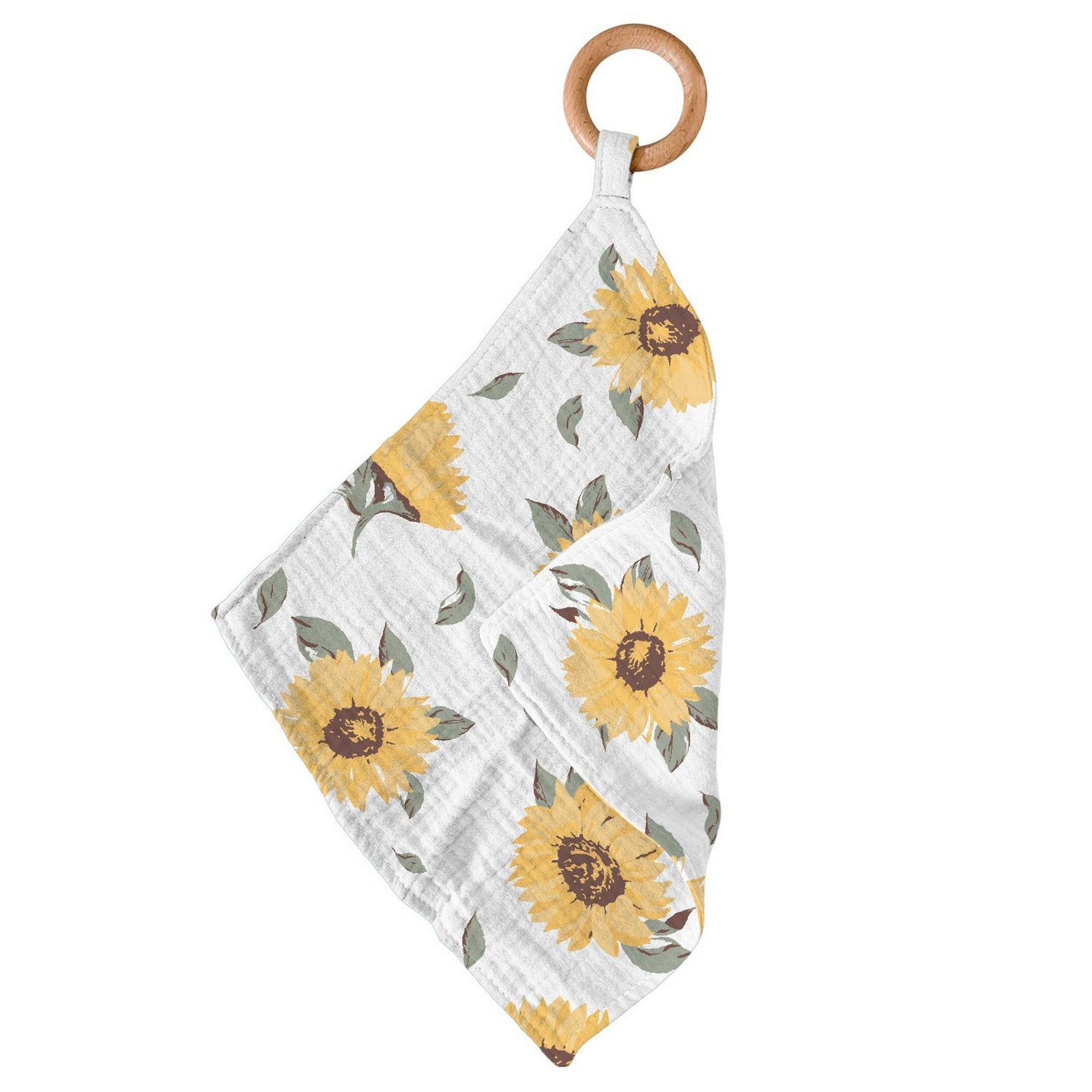 Bamboo mini blankie in a sunflower farm print with a wooden teething ring attached to one corner