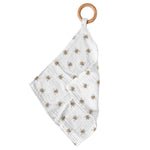 Bamboo mini blankie with honey bee print and a round wooden teething ring attached at one corner
