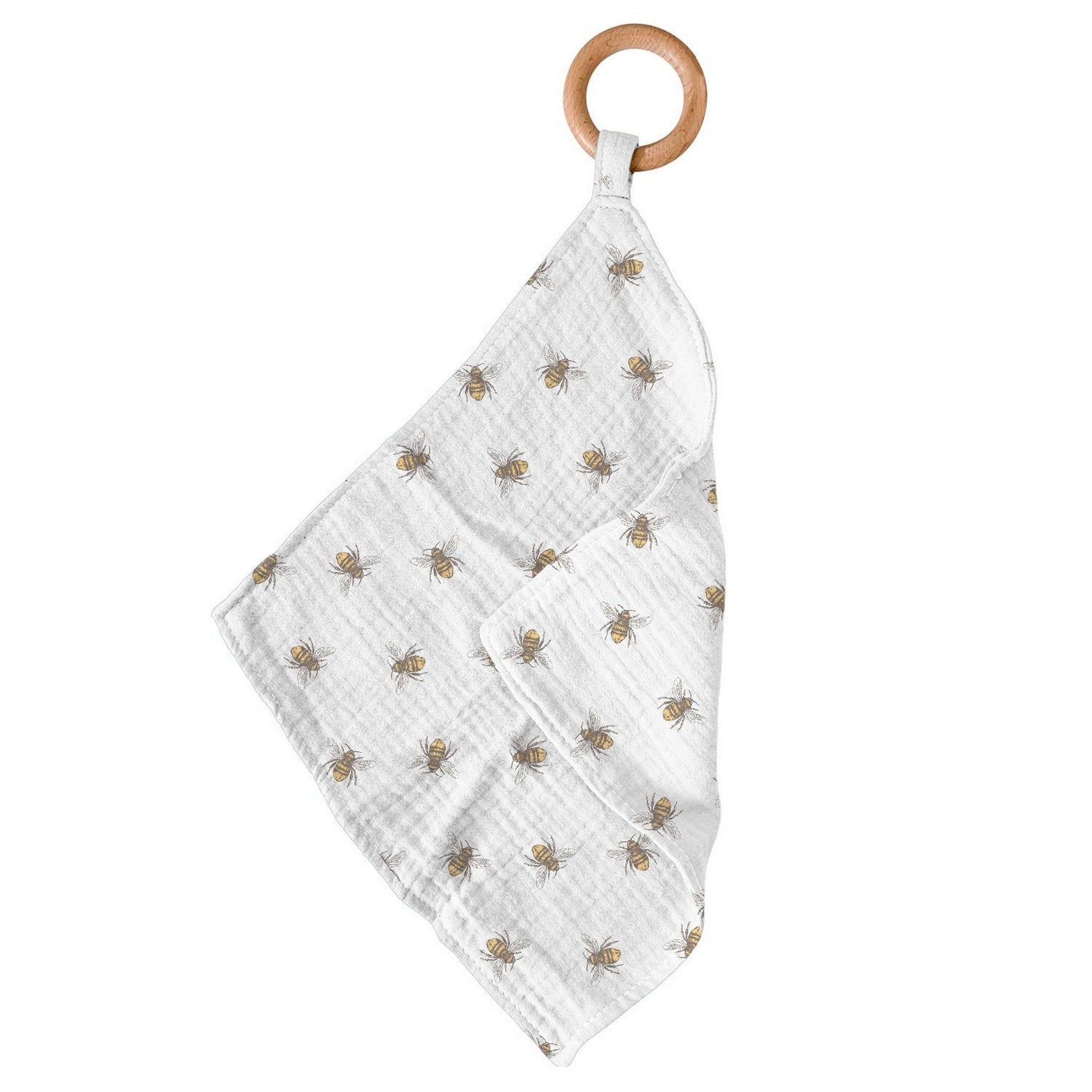Bamboo mini blankie with honey bee print and a round wooden teething ring attached at one corner