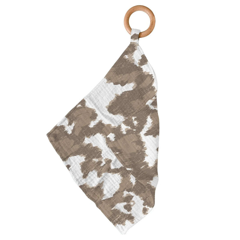 Yellowstone Cowhide Newcastle Teether with bamboo blankie and wood ring.