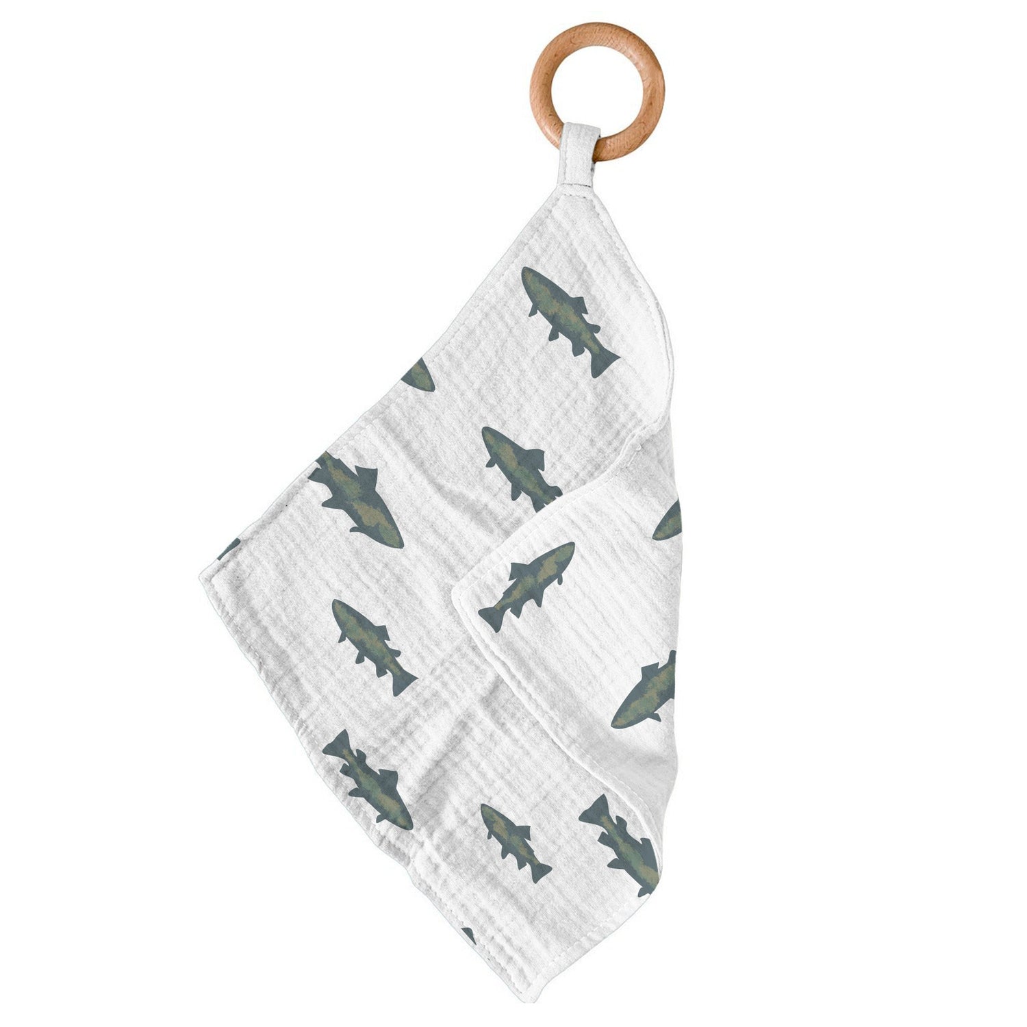 Bamboo mini blankie teether with a fishing print and a removable wooden teething ring
