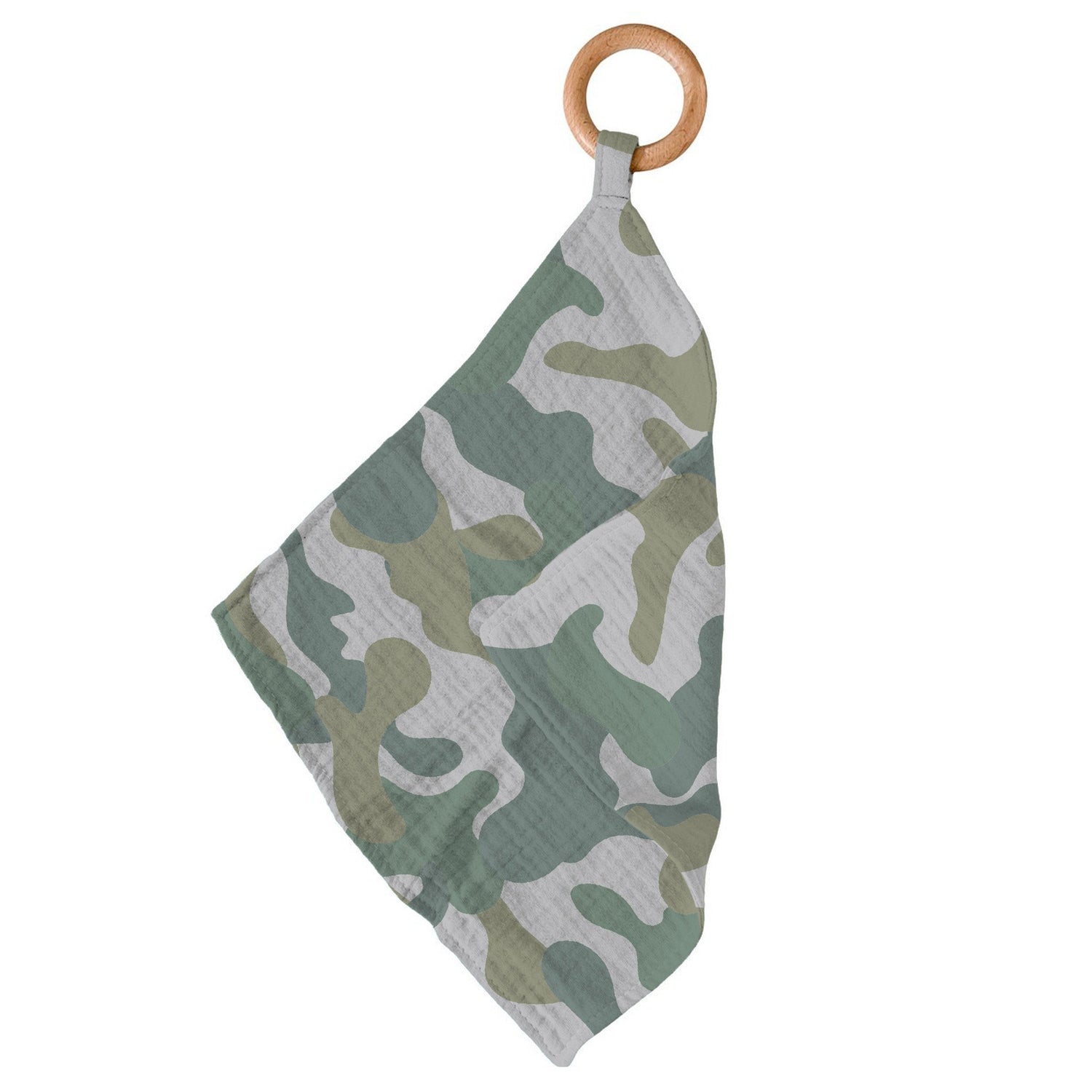 Bamboo mini blankie in a green hunter's camouflage print with a wooden teething ring attached to one corner