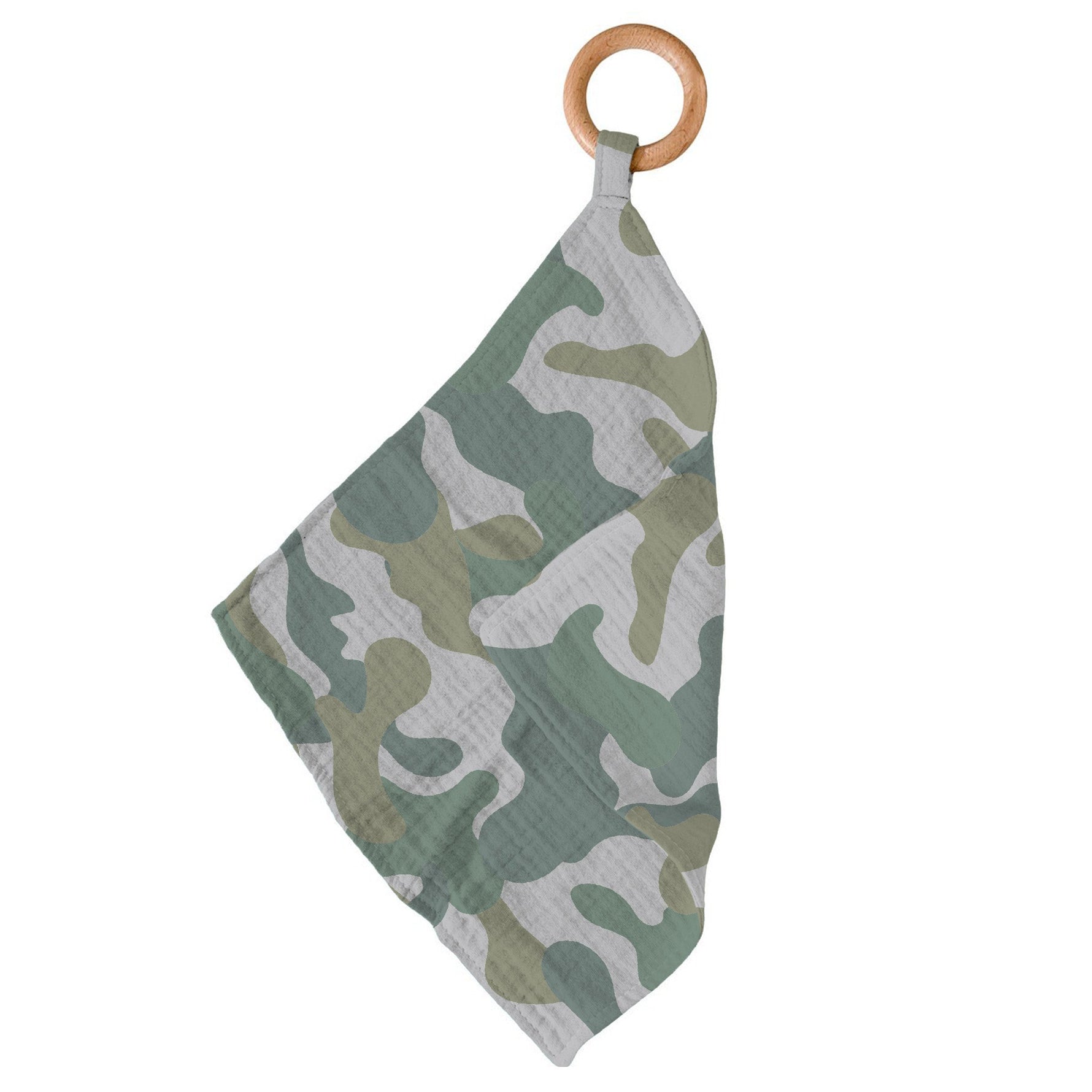 Bamboo mini blankie in a green hunter's camouflage print with a wooden teething ring attached to one corner