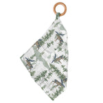 Bamboo mini blankie with mountain moose print attached to a round beech wood teething ring