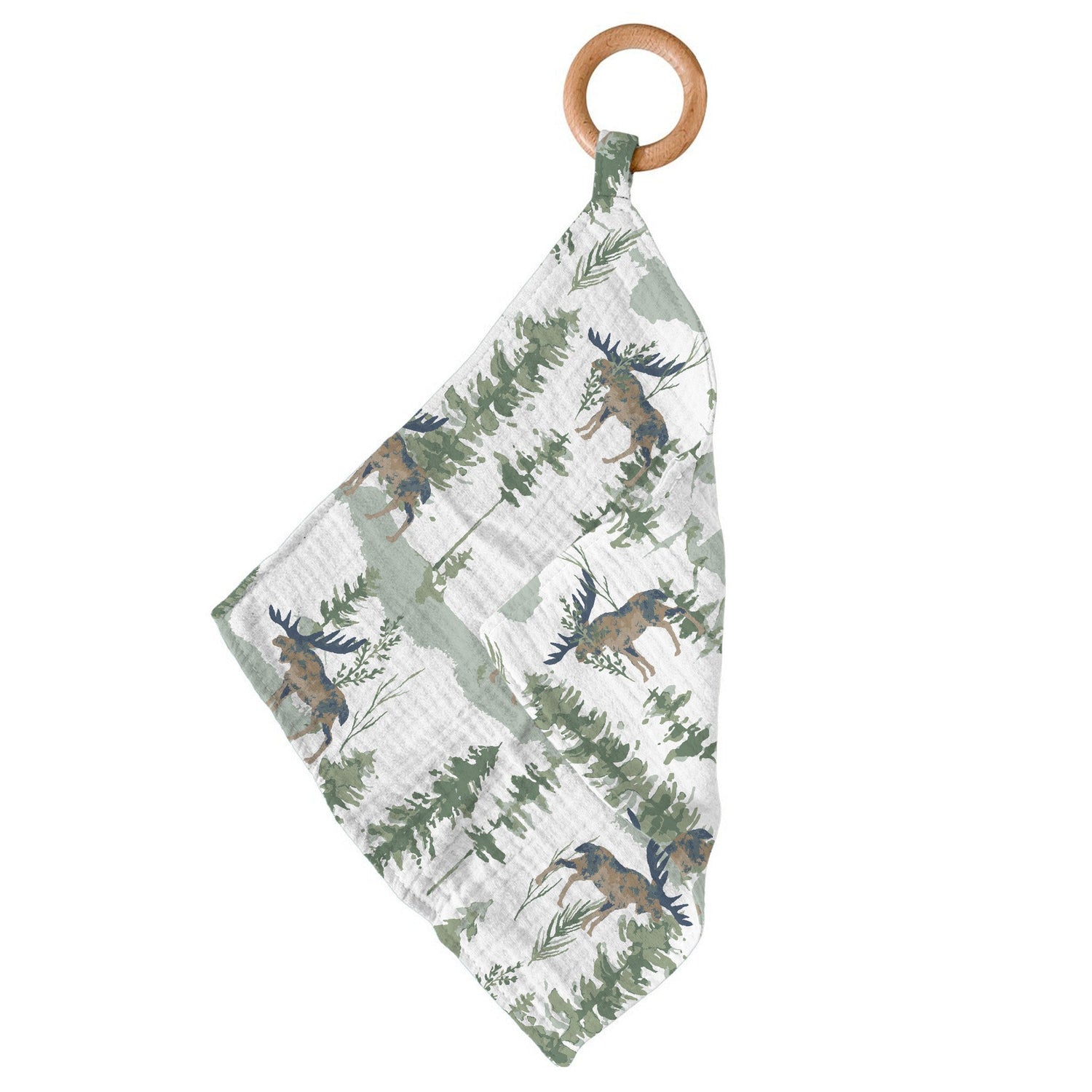 Bamboo mini blankie with mountain moose print attached to a round beech wood teething ring