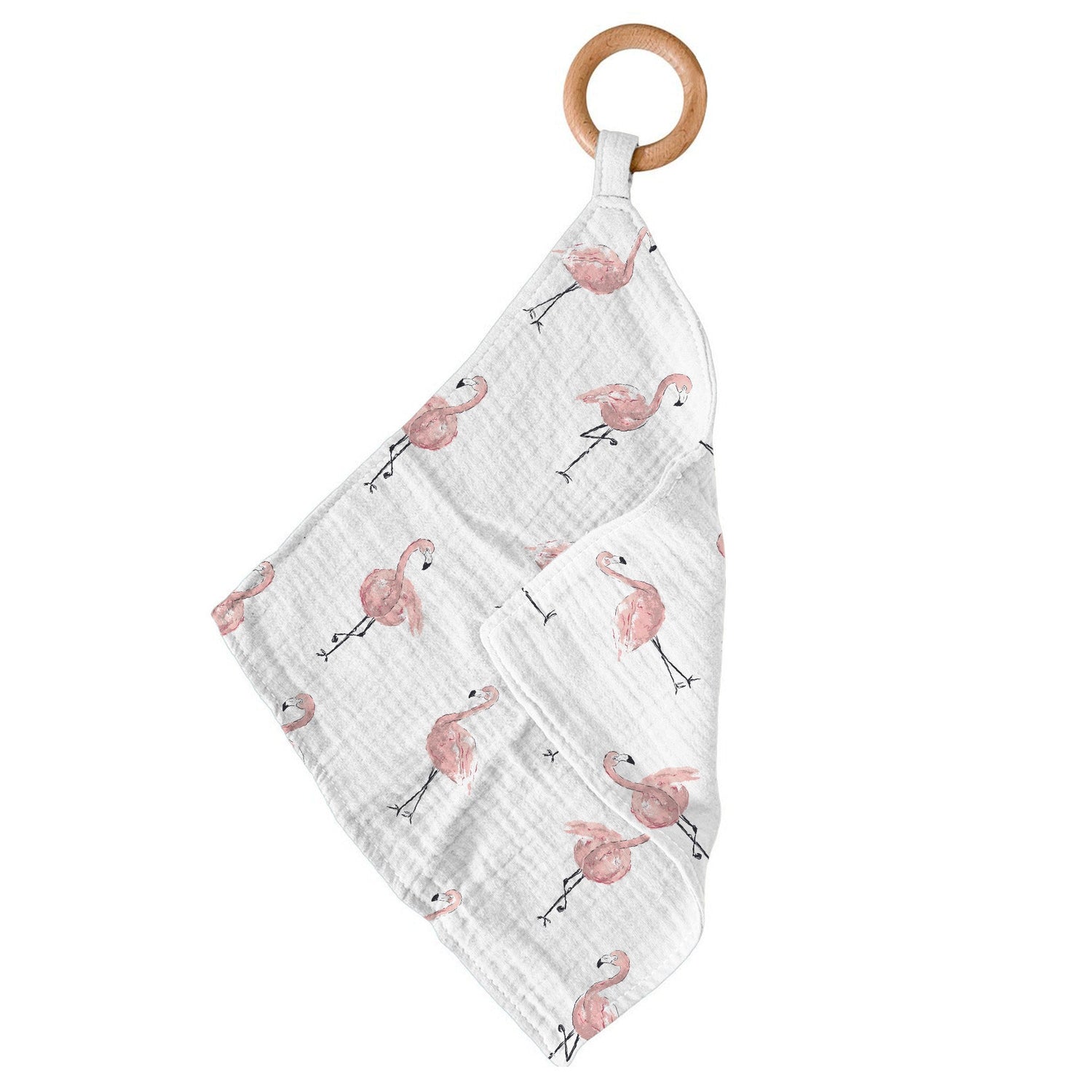 Bamboo mini blankie teether with a dancing flamingo print and a round wooden ring attached at one corner