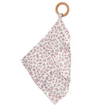 Bamboo baby teether with leopard-print square blankie attached to a round wooden teething ring