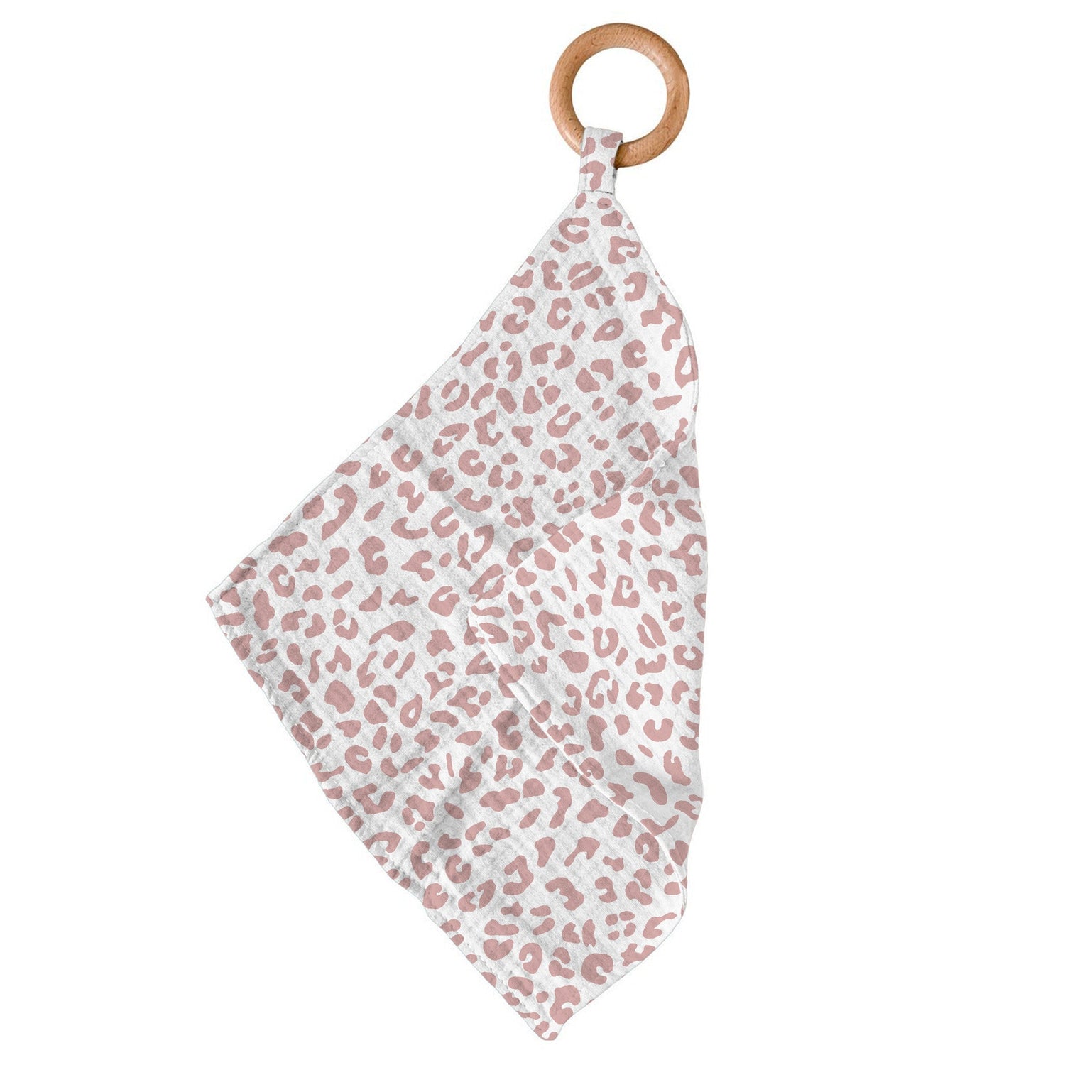 Bamboo baby teether with leopard-print square blankie attached to a round wooden teething ring