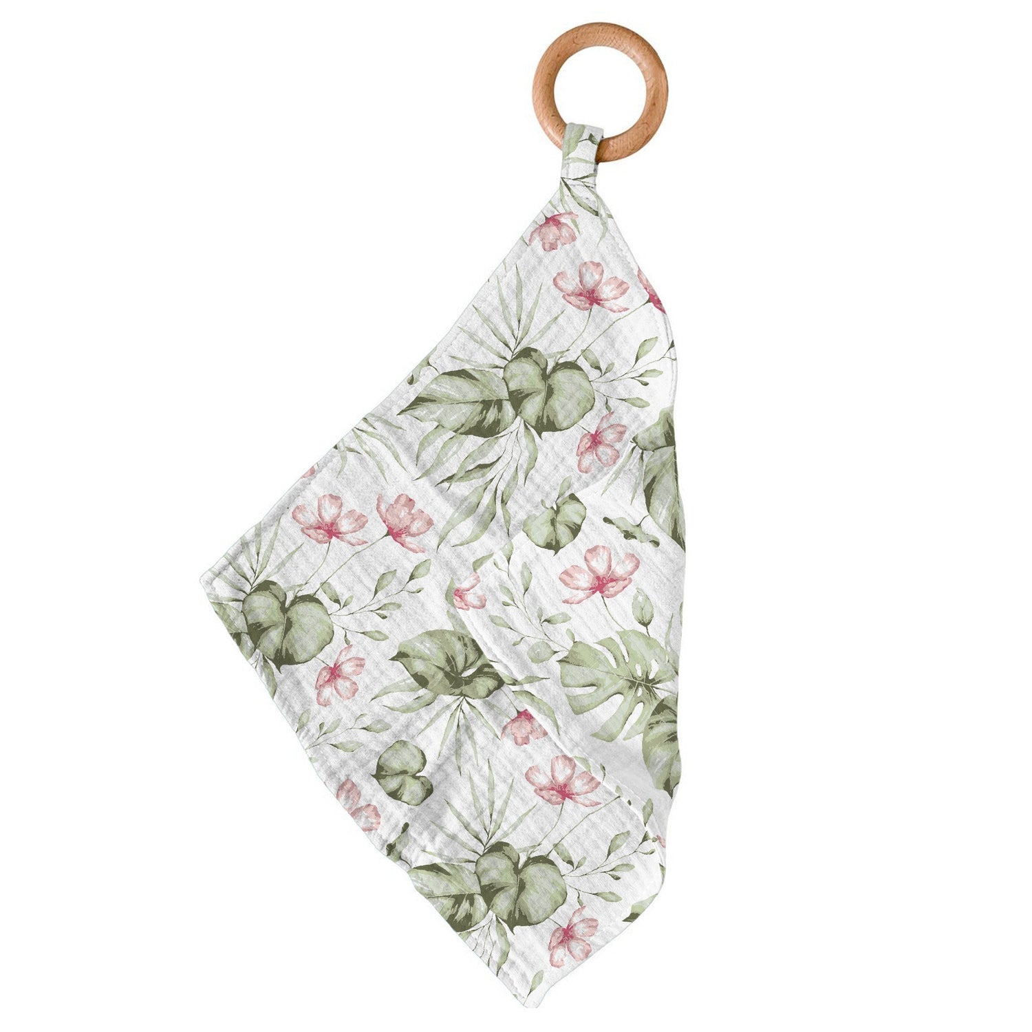 Bamboo mini blankie teether with a silver pink orchid floral print and a round wood teething ring