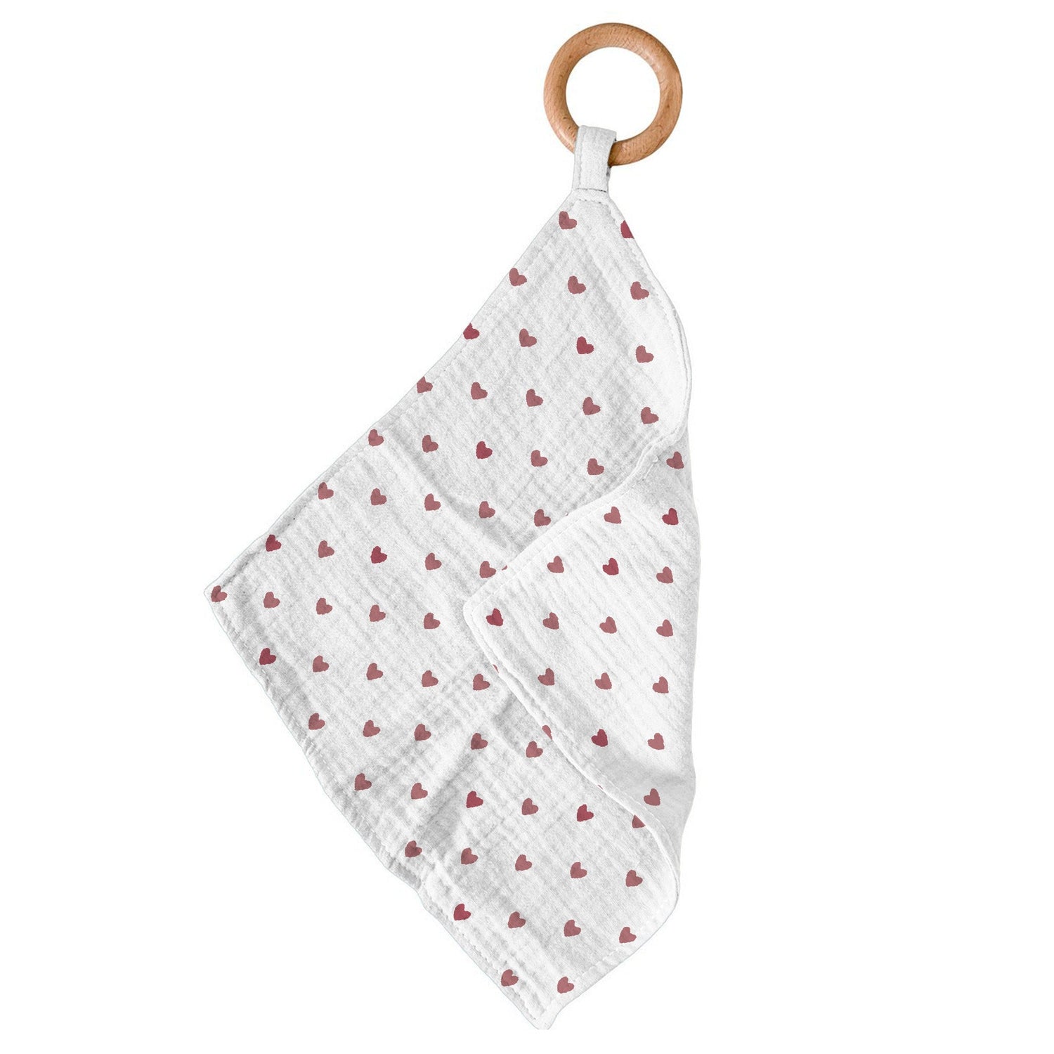 Bamboo mini blankie teether with a heart print and a round wooden teething ring attached to one corner.