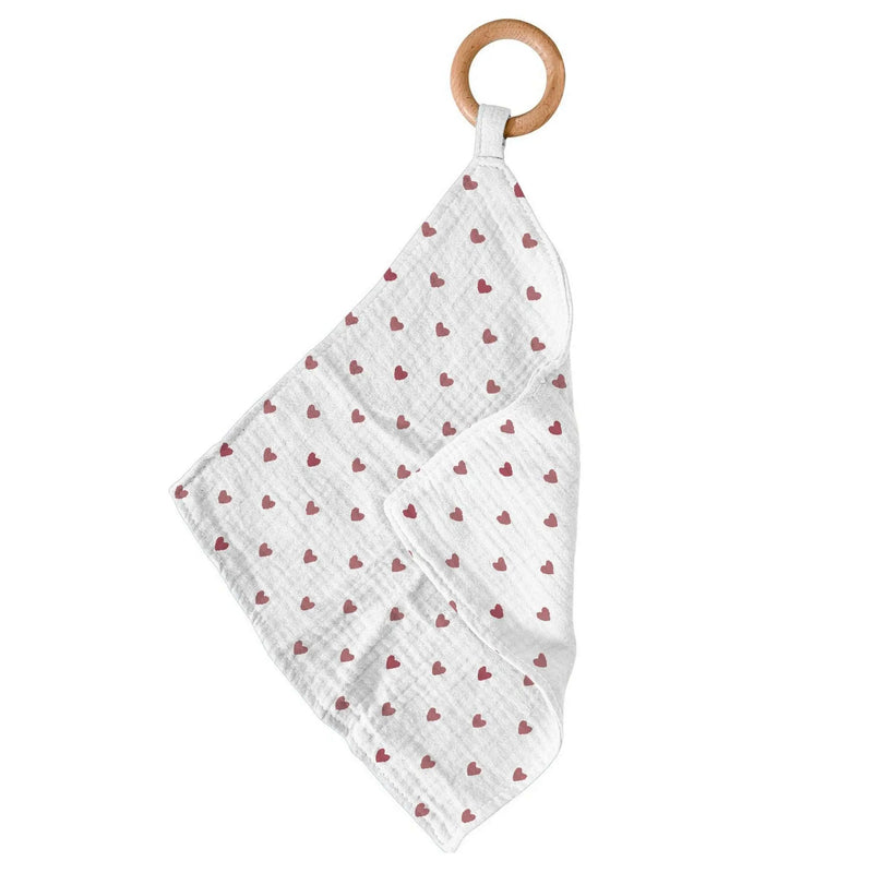 Two Hearts Newcastle Teether with bamboo blankie and wooden ring.