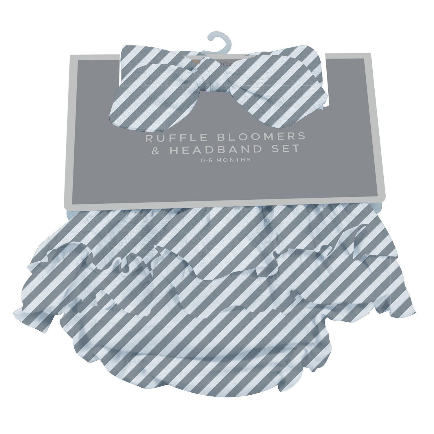 Baby bloomer and matching ruffle headband in a grey and white stripe pattern