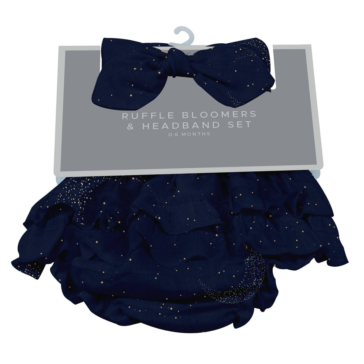 Bamboo baby bloomer and matching headband set in a dark midnight moon design from the Goodnight Bear Collection.