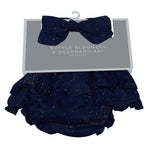 Bamboo baby bloomer and matching headband set in a dark midnight moon design from the Goodnight Bear Collection.