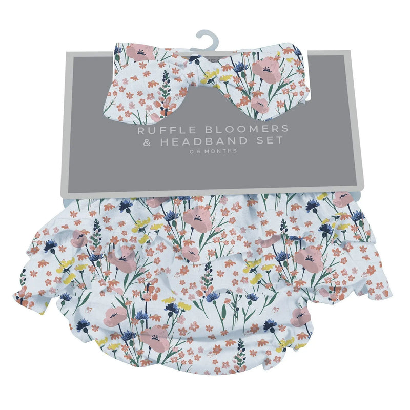 Wildflowers ruffle bloomers and headband set for infants, 100% bamboo, floral design.