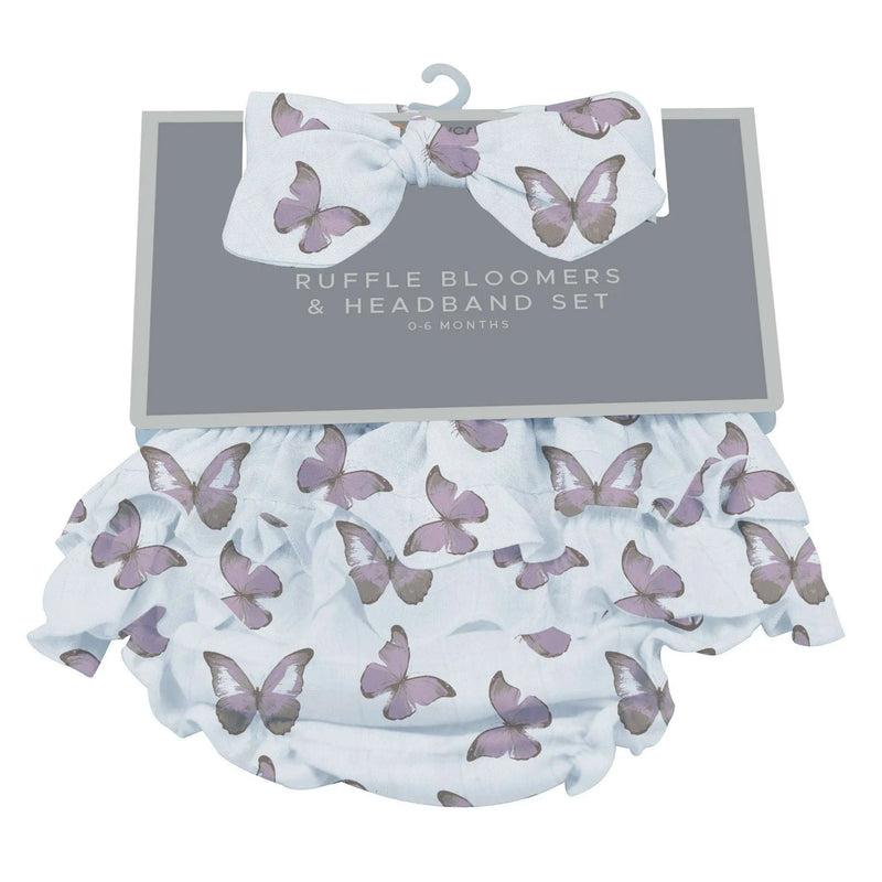 Winsome Butterflies ruffle bloomers and headband set for infants, 100% cotton.
