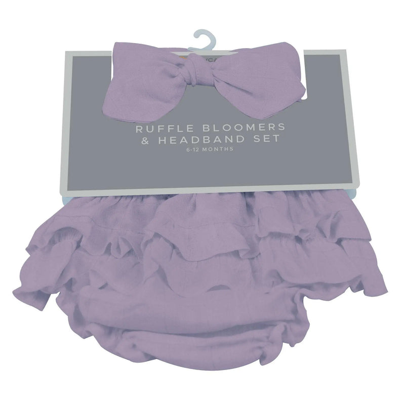 Orchid Lavender Ruffle Bloomers and Headband Set for infants, 100% cotton.