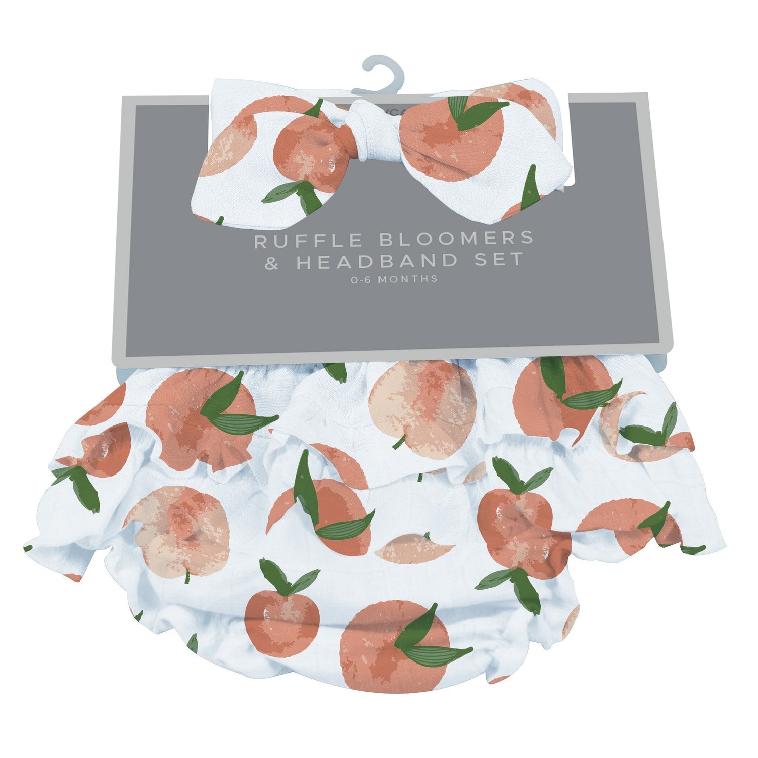 Ruffle bloomers and matching headband in a warm carnelian peaches print